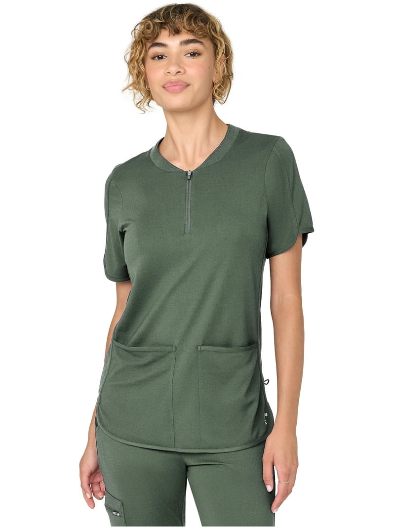 Kindly Yours Women's Zip Front Crew Neck Scrub Top, XS-XXL