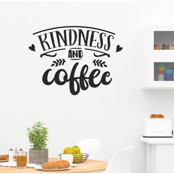Kindness and Coffee Quote Decals for Wall - Die-Cut Vinyl Wall Art for Positivity - Inspirational Quotes Wall Decor for Kitchen & Dining Room - Vinyl Decal Sayings, 23x17-Inch, Black