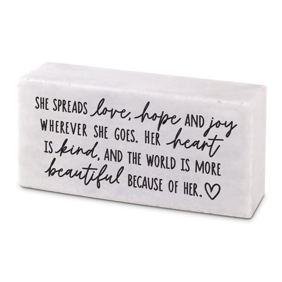 Lighthouse Christian Products Inspirational Decorative Block Sign, Encouragement Tabletop Plaque 4 x 2 Inch Cast Stone She Spreads Love Hope and Joy