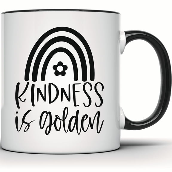 Kindness is Golden Mug - Inspirational Rainbow & Flower Design - Positive Quote Coffee & Tea Mug - Perfect Gift for Friends - 11 Ounce Black Rim Handle Novelty Coffee Cup - WMUG1192-BLK