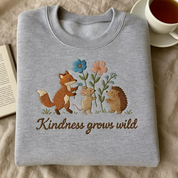 Kindness Grows Wild Embroidered Sweatshirt, Fox Mouse Hedgehog Hoodie, Woodland Animal Sweater, Cottagecore Gift, Nature Crewneck