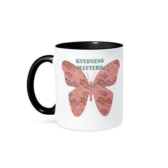 3dRose, Kindness Matters with Pink Vintage Style Butterfly, 15oz Two-Tone Black Mug