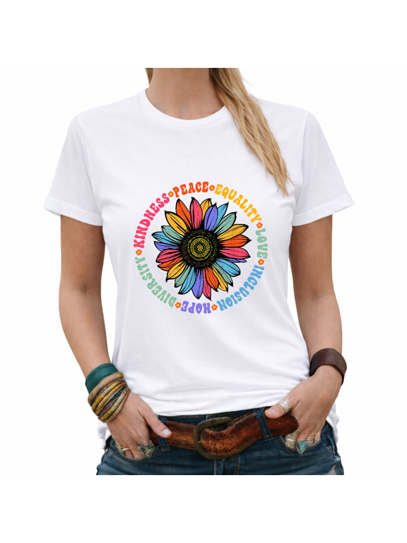 Kindness Peace Equality Love Inclusion Hope Diversity Sunflower Graphic Tees Womans Tshirt Shirts Black/White S-5XL Tops