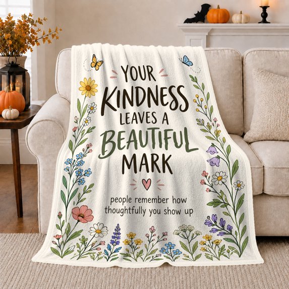 Kindness Quote Wildflower Butterfly Thank You, Cozy Typography Art Scene, Warm Flannel Blanket for Living Room and Reading Nook, Art Lovers Appreciation Gift, Artistic Home Decor