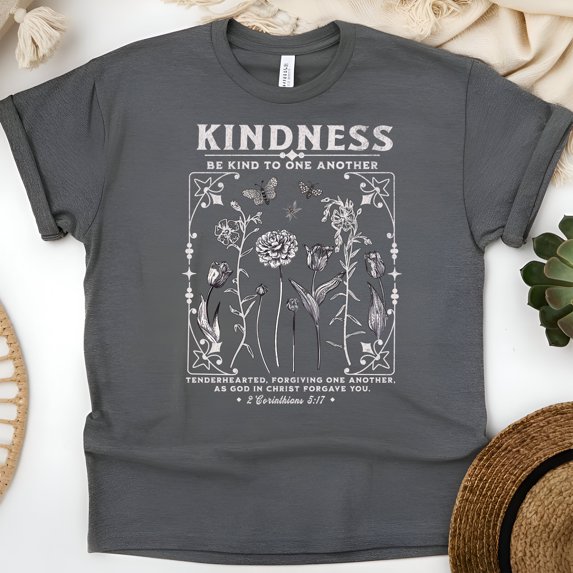 Kindness Shirt – Be Kind to One Another Ephesians 4:32 Floral Christian Tee, Dark Heather, Size 4XL