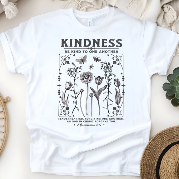 Kindness Shirt – Be Kind to One Another Ephesians 4:32 Floral Christian Tee, White, Size S