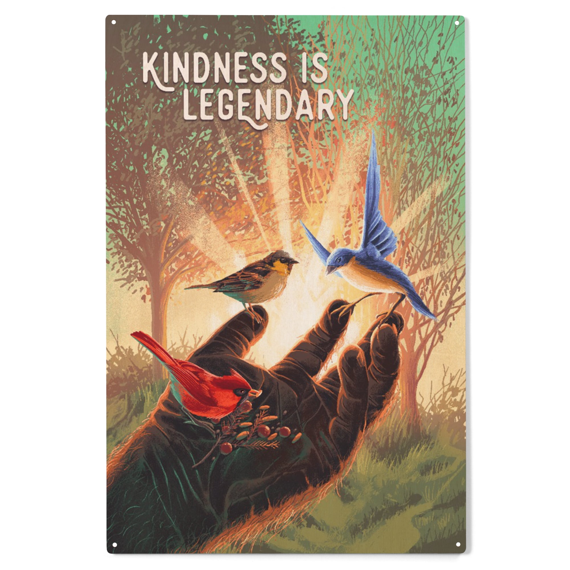 Kindness is Legendary, Bigfoot With Birds, Green Birch Wood Wall Sign