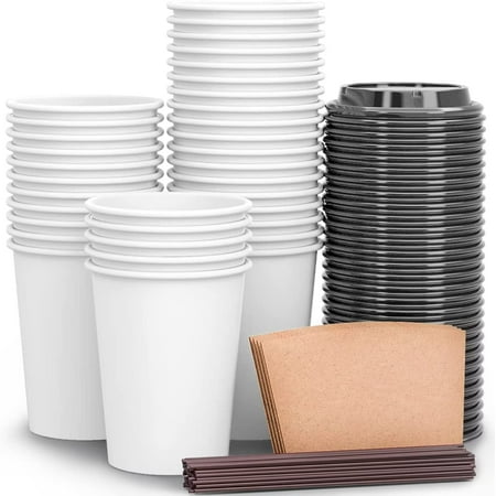 Kindpack Disposable Coffee Cups To Go with Travel Lids Sleeves and Straws 100% Biodegradable & Compostable Pla Eco Friendly Paper Coffee Cups 100 Sets of 12 oz