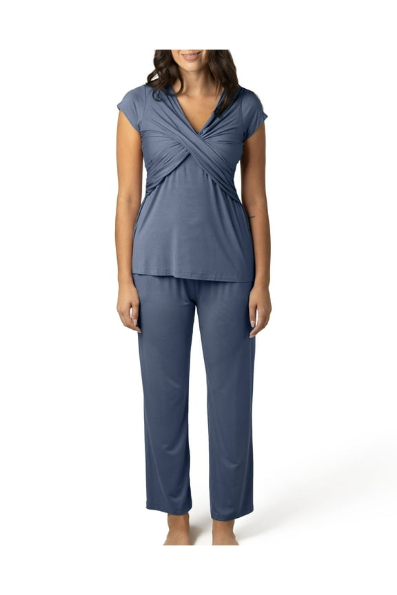 Davy Maternity Pajamas & Postpartum Lounge Sets for Women, Short Sleeve Nursing Pajamas (Slate Blue, Small)