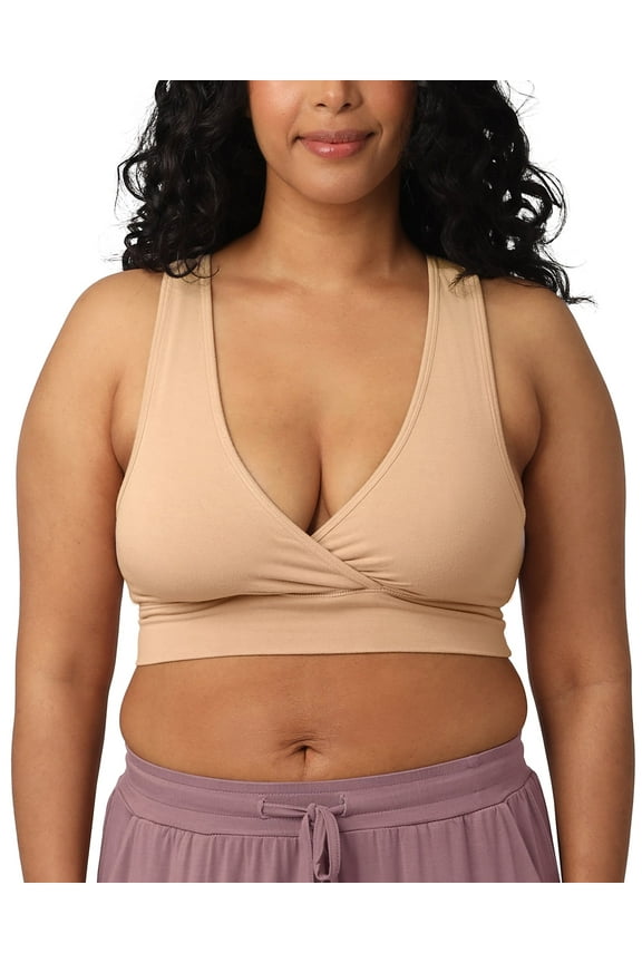 French Terry Nursing Bra for Breastfeeding and Sleep, Racerback Crossover, Soft and Stretchy Maternity Bra (Beige, Medium)
