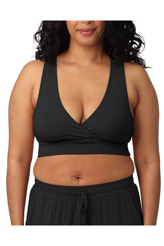 French Terry Nursing Bra for Breastfeeding and Sleep, Racerback Crossover, Soft and Stretchy Maternity Bra (Black, Large Busty)