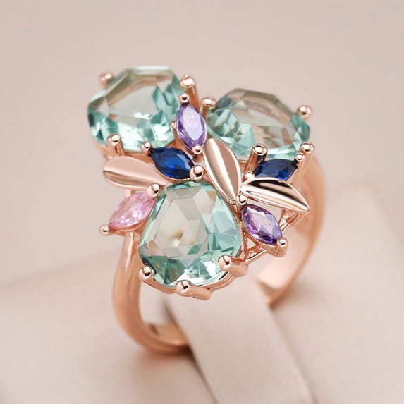 New Kinel Fashion Unique Green Stone Big Ring for Women Mosaic Rhombus Natural Zircon Rose Gold Color Vintage Wedding Jewelry