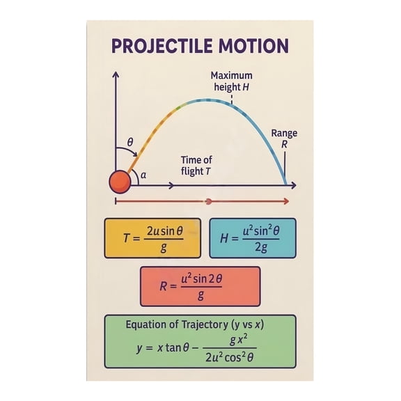Kinematics Educational Poster Projectile Motion Parabolic Path Physics Chart for Classroom Study Office Wall Decor