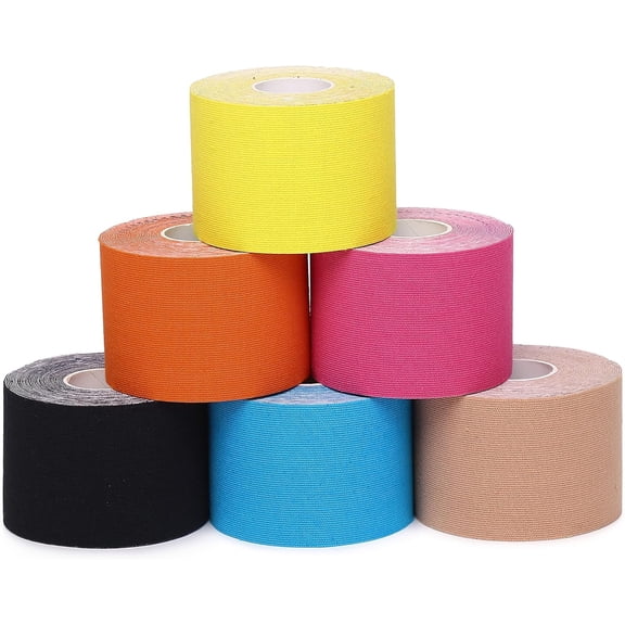Kinesiology Tape 6 Rolls, Waterproof Kinetic Tape Muscle Tape for Injured Muscle Recovery & Joints Support, 2 Inch x 16.4 Feet Roll (Multicolour)