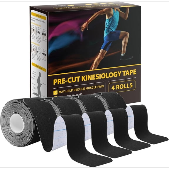 Kinesiology Tape, 80 Count Precut Strips 4 Rolls, Original Cotton, 10 Elastic Athletic Tape for Muscle Pain Relief and Joint Support, Black