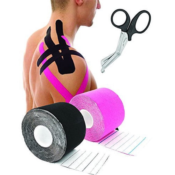 Kinesiology Tape Black & Pink (2 Rolls), ASA Elastic Therapeutic Sports Tape For Knee Shoulder and Elbow, Breathable, Water Resistant, Latex free, 2" x 82' feet Per Roll Free EMT Shear