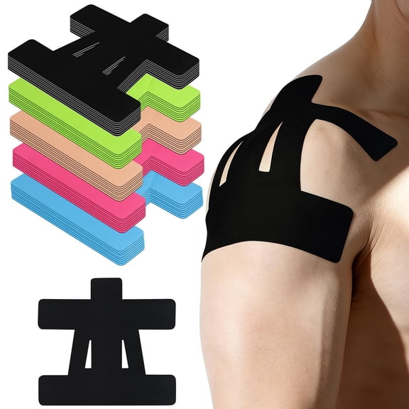 Kinesiology Tape for Shoulder (Pre-cut), 12-Pack Shoulder Tape for Pain Relief, Original Cotton Waterproof and Breathable, High-Elasticity Sports Tape for Pain Relief and Muscle Support, Black