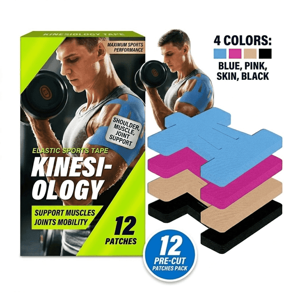 Kinesiology Tape, Water Resistant Pre Cut Sports Tape for Shoulder Knee Muscle Support, 12 Pcs