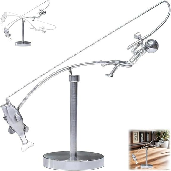Kinetic Fishing Sculpture - Balance Art for Your Space, Kinetic Art Sculpture, Metal Fisherman Balancing Statue for Home Office Art Decor