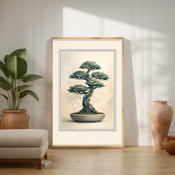 Kinetic Geometry Upright Bonsai Tree Wall Art | Centered Zen Poster, Stretched Canvas 8x10in