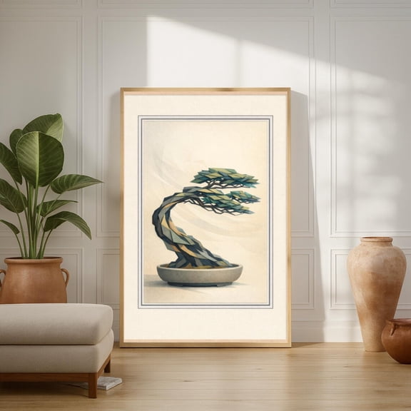 Kinetic Geometry Windswept Bonsai Tree Wall Art | Modern Motion Print, Stretched Canvas 8x10in