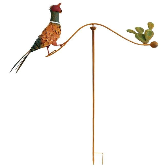 Rustic Metal Pheasant and Cactus Garden Balancer Stake