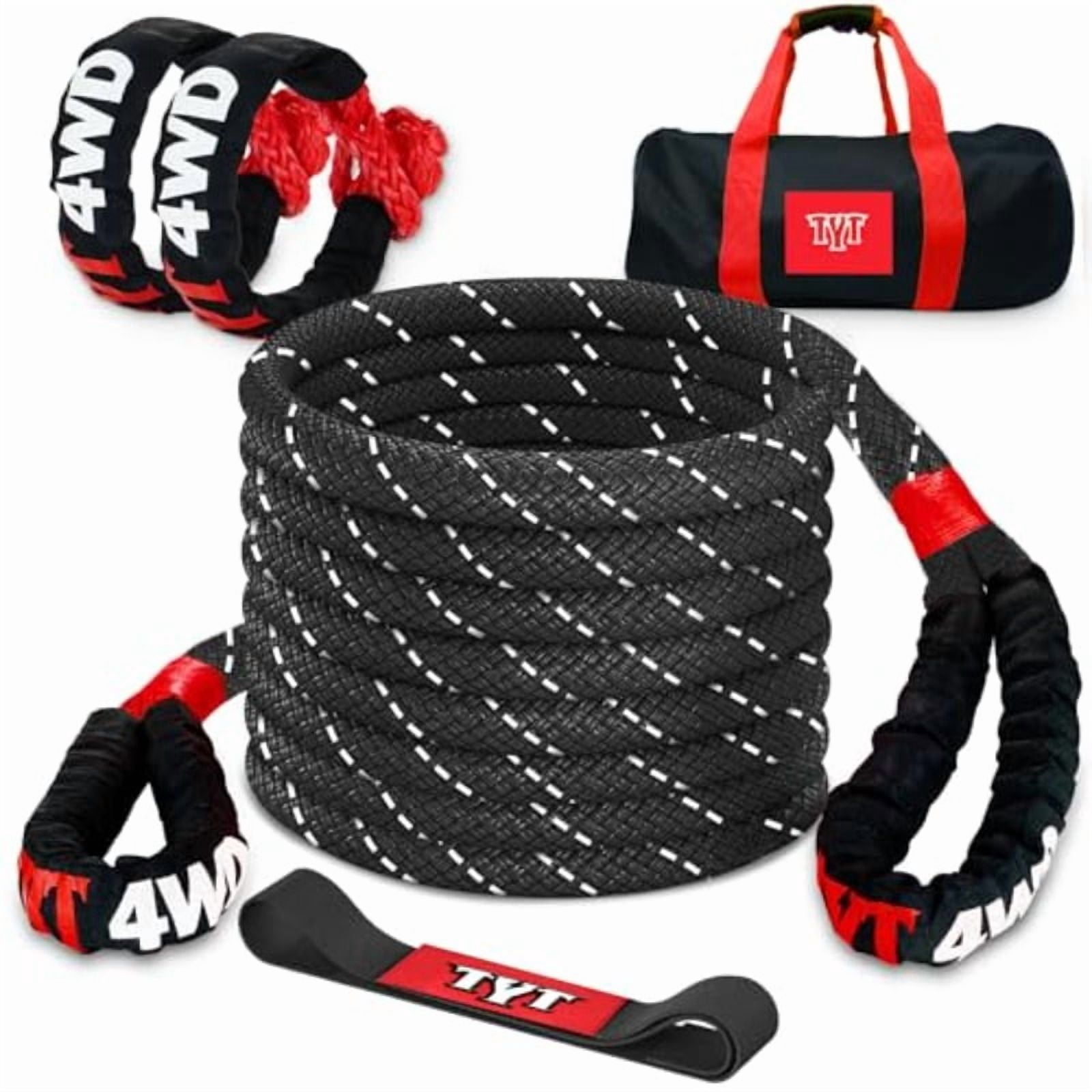 Kinetic Recovery Rope 1in x 30ft Black 48000lbs Snatch Strap Heavy Duty Stretch Nylon Towing Ropes with 2pcs Soft Shackles for Offroad Vehicle Jeep SUV ATV UTV Tractor Elastic Ropes Kit,