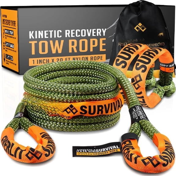 Kinetic  Rope 1" X 20 Ft with 2  Soft Shackles Nylon Tow Stra[ with Breaking Strength 34,000 Lbs, Offroad Rope for  UTV ATV   30%  Stretch Than Strap...
