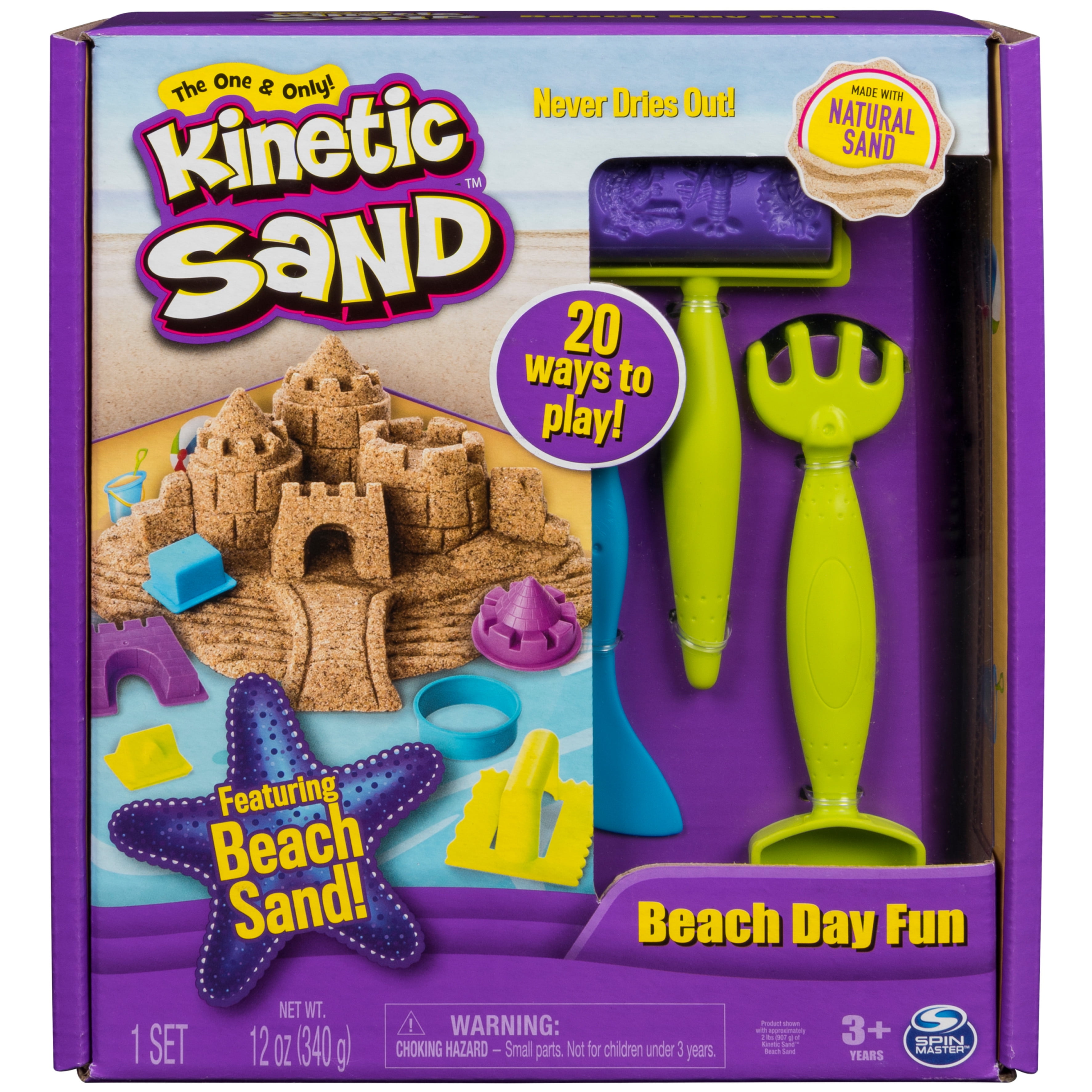 Kinetic Sand, Beach Day Fun Playset with Castle Molds, Tools and 12 oz. of All-Natural Kinetic Beach Sand, Play Sand Sensory Toys for Kids Ages 3 and up