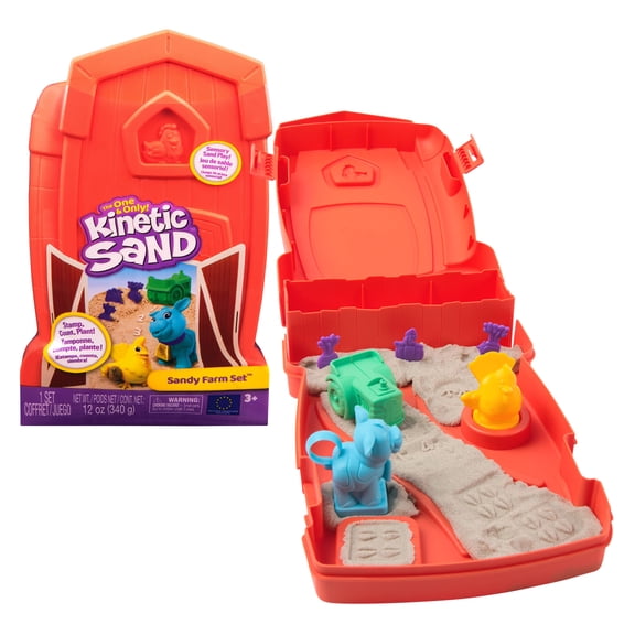 Kinetic Sand, Sandy Farm Set with 12oz Play Sand, 6 Tools & Molds, Reusable Case