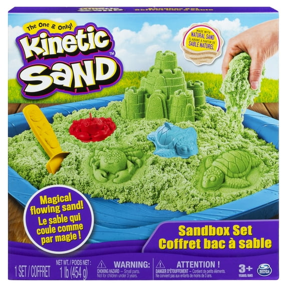Kinetic Sand, Sandbox Set Kids Toy with 1lb All-Natural Green Kinetic Sand and 3 Molds, Sensory Toys for Kids Ages 3 and up
