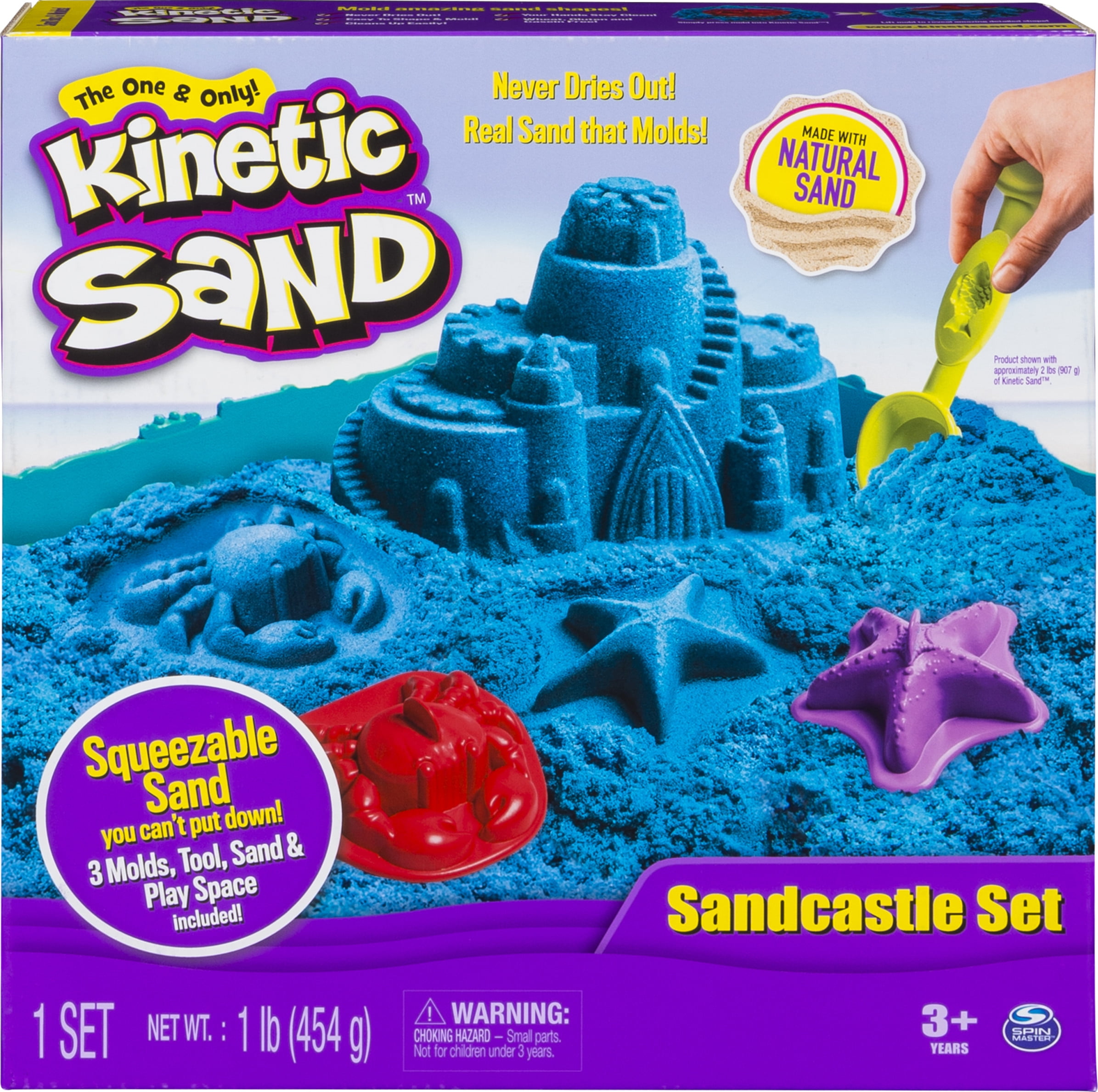 Kinetic Sand, Sandbox Set Kids Toy with 1lb All-Natural Purple Kinetic Sand  and 3 Molds, Sensory Toys for Kids Ages 3 and up
