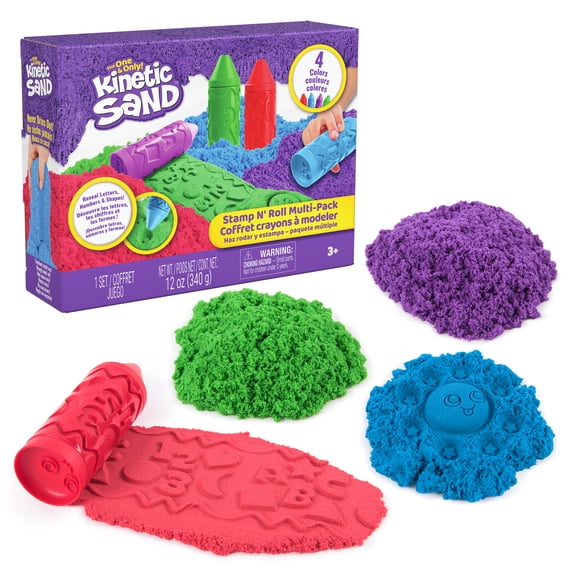 Kinetic Sand, Stamp N' Roll Crayon Multi-Pack with 12 oz Purple, Green, Blue & Red Play Sand, Toddler Toys, Arts and Crafts Kids Toys for Girls & Boys Ages 3 and up