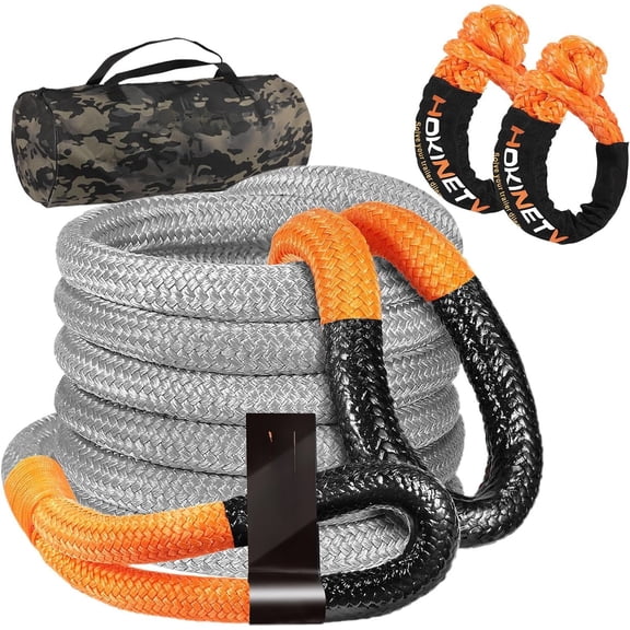 Kinetic  Tow Rope: 1-1/8" x 20ft 48000LBS Snatch Strap with Soft Shackles  Offroad Towing Straps Kit for  SUV UTV ATV Tractor   - Gray