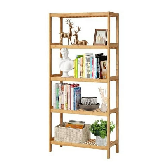 Kinfant 5-Tier Bamboo Bathroom Shelf - Bamboo Bookcase Storage Shelving, Tall Book Rack Shelving Unit, Multifunctional Adjustable Display Rack for Home Office Bathroom Kitchen Livi