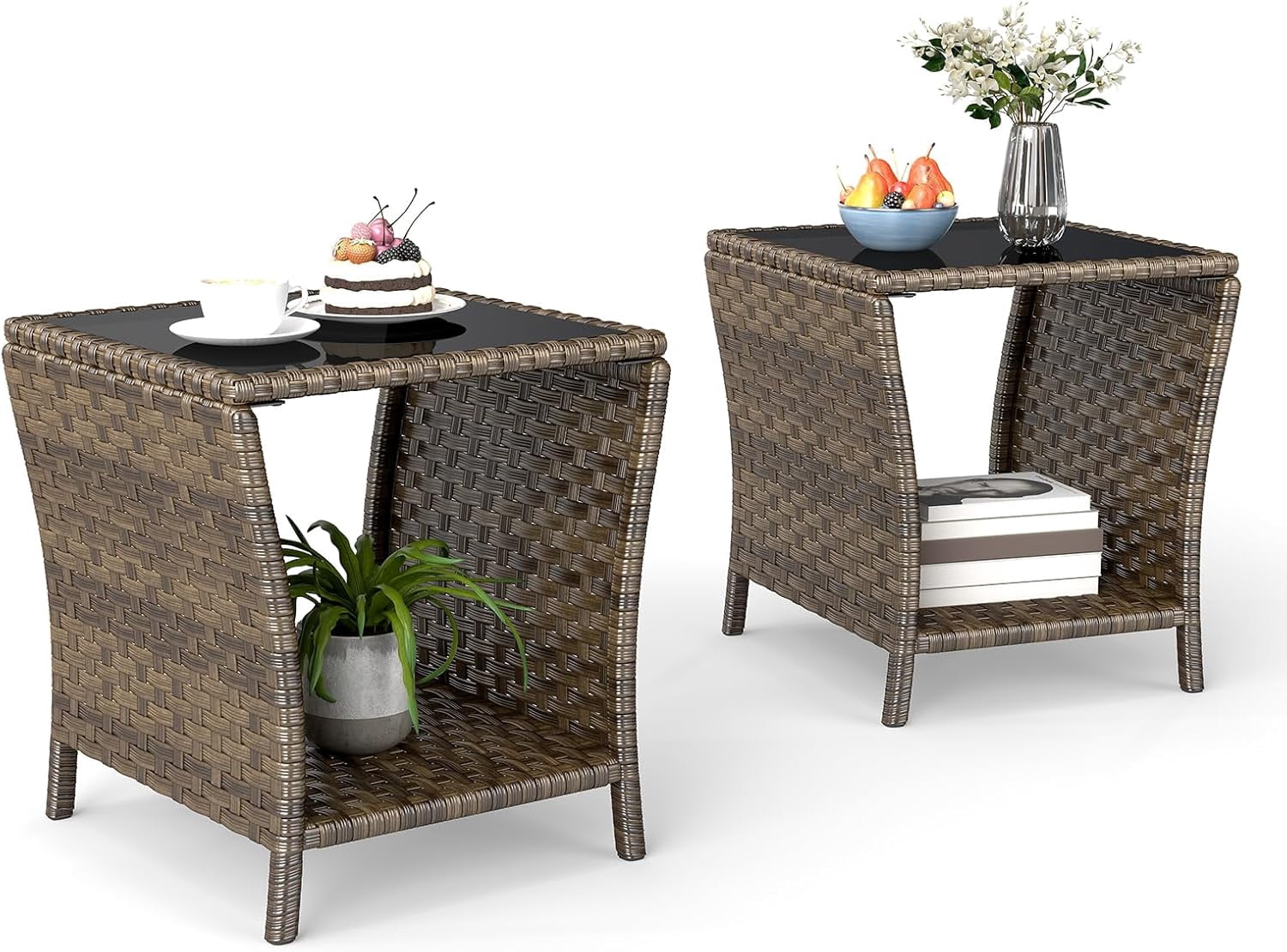 Outside Rattan Side Table Kinfant Rattan Patio Side Table - Set of 2 Modern Wicker End Table, PE ...