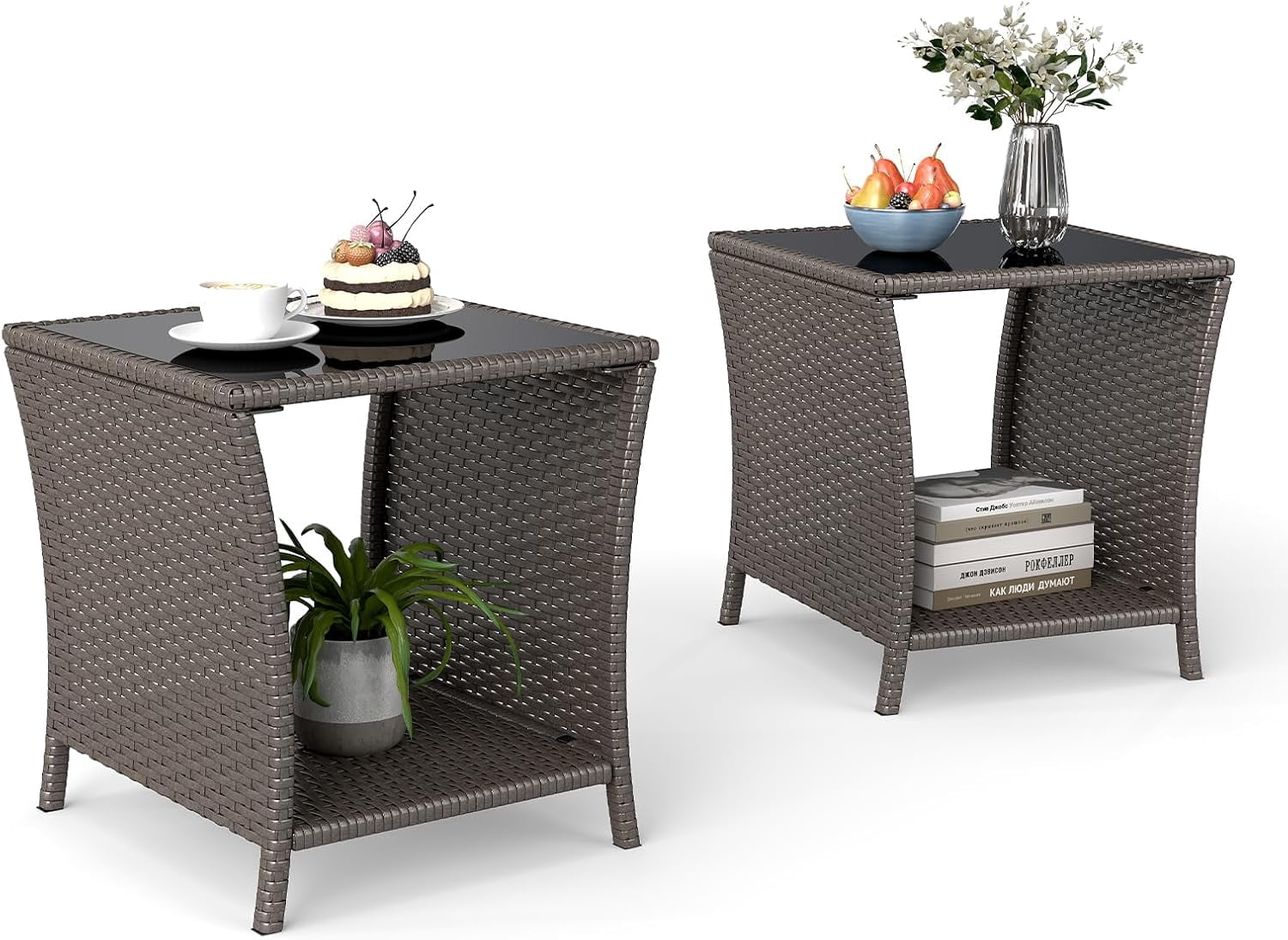 Outside Rattan Side Table Kinfant Rattan Patio Side Table - Set of 2 Modern Wicker End Table, PE ...