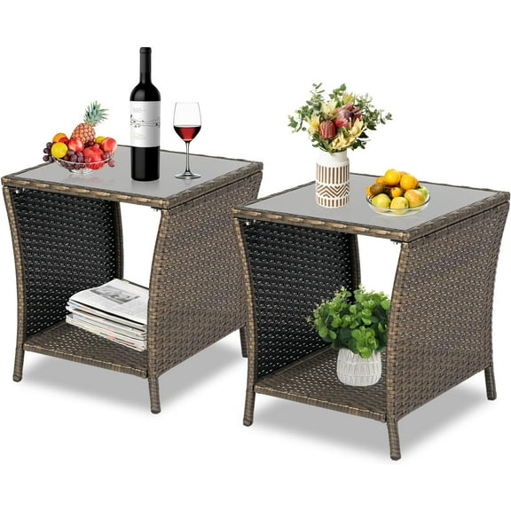 Kinfant Wicker Rattan Coffee Table - Outdoor Side Table Patio Side Table Outdoor Wicker End Side Tables for Patio with Storage Shelf (Gold*2)