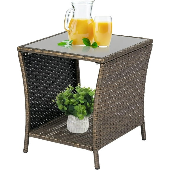 Kinfant Wicker Rattan Coffee Table - Square Tempered Glass Top Furniture with Storage for Outdoor Backyard Lawn Balcony Pool Patio