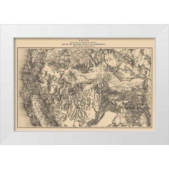 King 14x11 White Modern Wood Framed Museum Art Print Titled - Western States with Territories Mining Districts