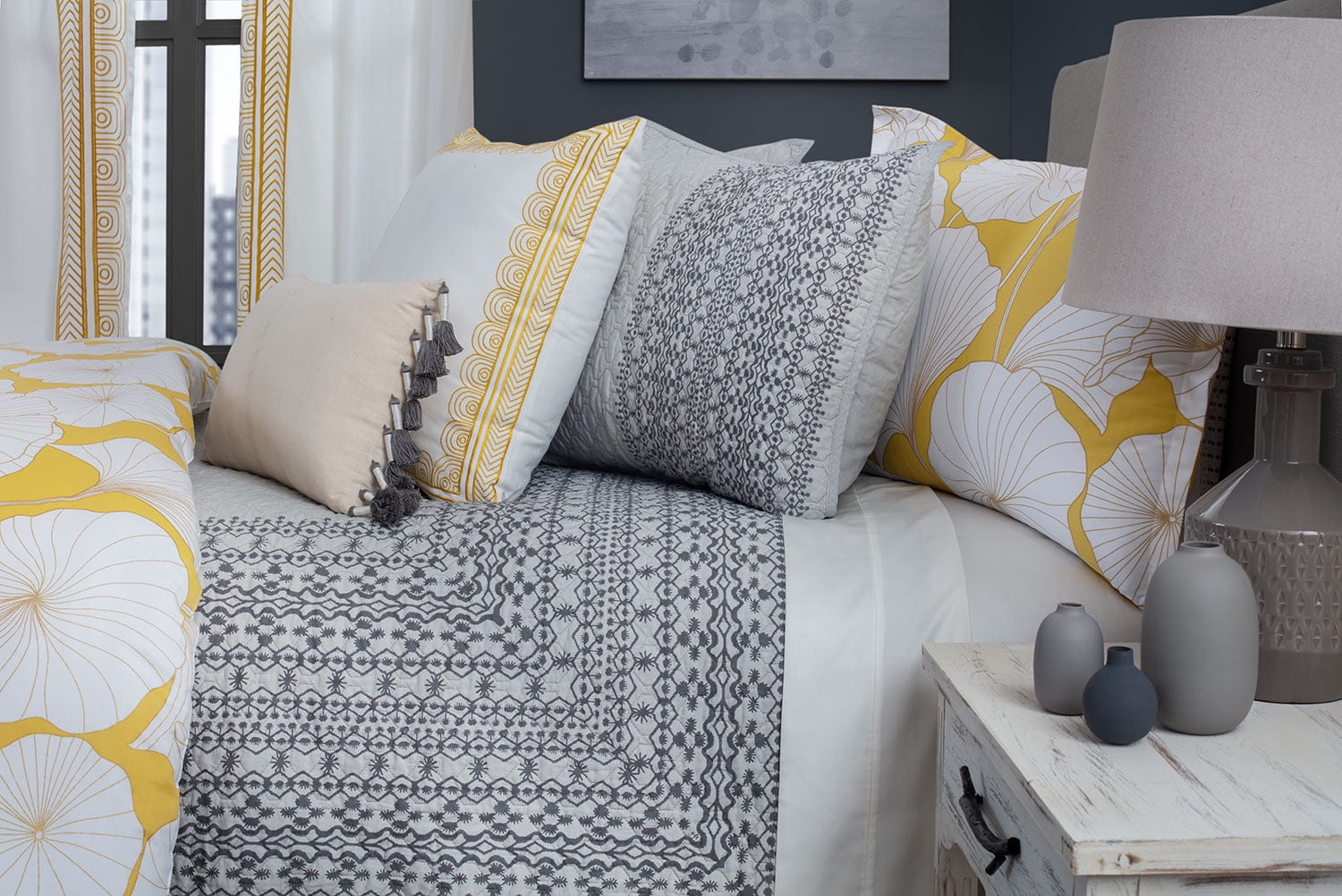 King 3-Piece Quilt Set, Nikki Chu Gingko Interlaken 100% Cotton Quilt and Sham Set by Royale Linens