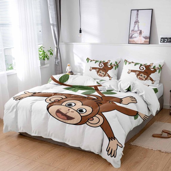 King 4 Piece Bedding Set Cartoon Funny Monkey Green Leaves on White Soft Breathable Duvet Cover and Pillowcase, Country Vine Duvet Cover Set Bed Sheets for Bedroom Dormitory Guest Room