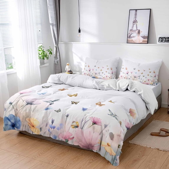 King 4 Piece Bedding Set Country Watercolor Flowers Butterflies Soft Breathable Duvet Cover and Pillowcase, Pastoral Flowers Gradient Duvet Cover Set Bed Sheets for Bedroom Dormitory Guest Room