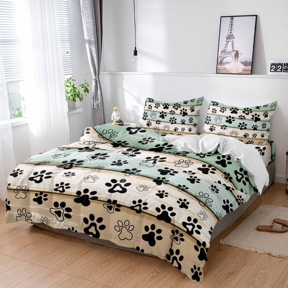 King 4 Piece Bedding Set Dog Paw Farm Wood Board Soft Breathable Duvet Cover and Pillowcase, Funny Pet Footprint Duvet Cover Set Bed Sheets for Bedroom Dormitory Guest Room