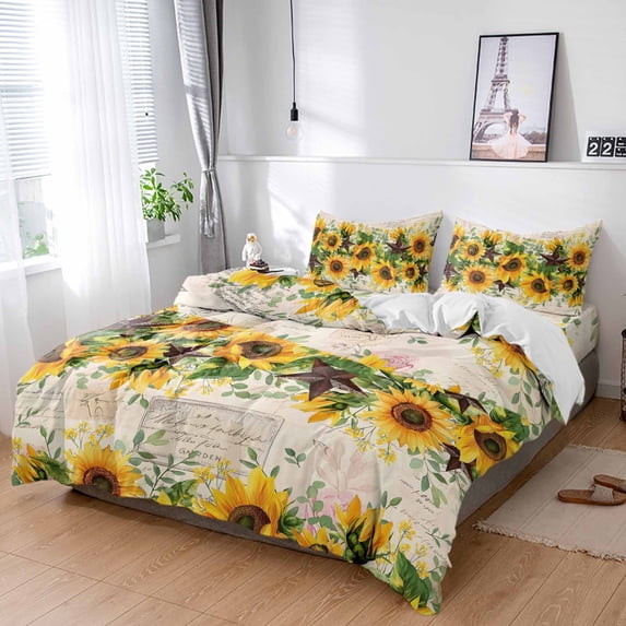 King 4 Piece Bedding Set Farmhouse Sunflower Vintage Star Soft Breathable Duvet Cover and Pillowcase, Retro Flower Leaves Duvet Cover Set Bed Sheets for Bedroom Dormitory Guest Room