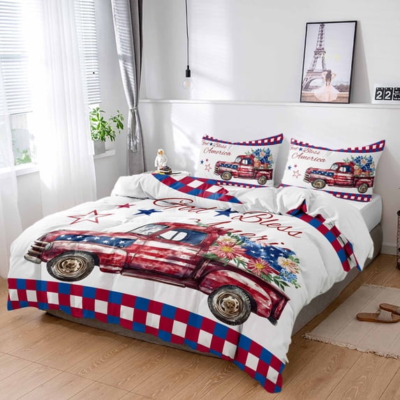 King 4 Piece Bedding Set God Bless American Red Car Flowers Soft Breathable Duvet Cover and Pillowcase, Blue White Plaid Duvet Cover Set Bed Sheets for Bedroom Dormitory Guest Room