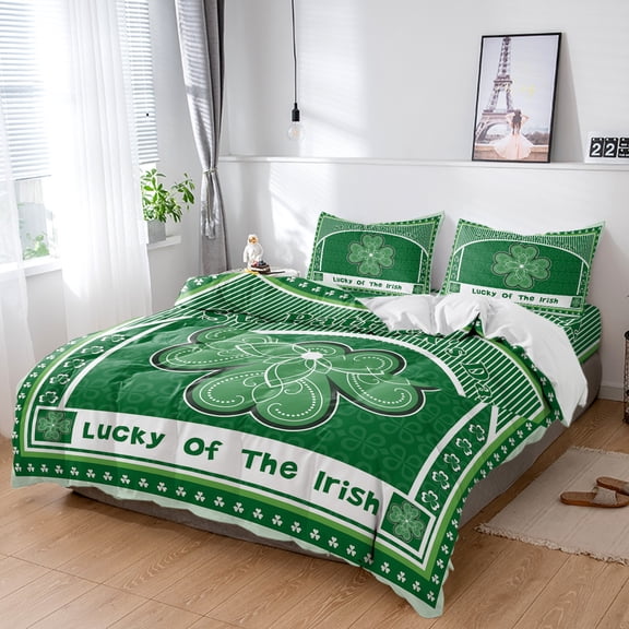 King 4 Piece Bedding Set Irish Festival Celtic Knots Lucky Shamrock Soft Breathable Duvet Cover and Pillowcase, Stripe Duvet Cover Set Bed Sheets for Bedroom Dormitory Guest Room