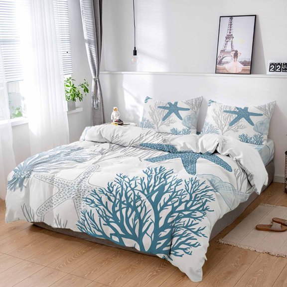 King 4 Piece Bedding Set Marine Coral Starfish Ocean Shell Soft Breathable Duvet Cover and Pillowcase, Underwater World Aqua Gray Duvet Cover Set Bed Sheets for Bedroom Dormitory Guest Room