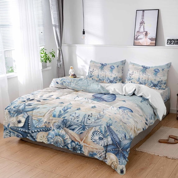 King 4 Piece Bedding Set Retro Ocean Jellyfish Starfish Soft Breathable Duvet Cover and Pillowcase, Conch Gradient Leaves Duvet Cover Set Bed Sheets for Bedroom Dormitory Guest Room