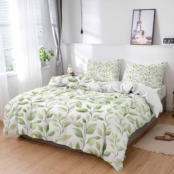 King 4 Piece Bedding Set Spring Gradient Green Leaves Soft Breathable Duvet Cover and Pillowcase, Watercolor Botantical Duvet Cover Set Bed Sheets for Bedroom Dormitory Guest Room